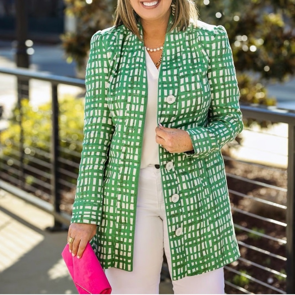 CAbi Green Plaid Circuit Linen Rayon Blend  Jacket Size Small